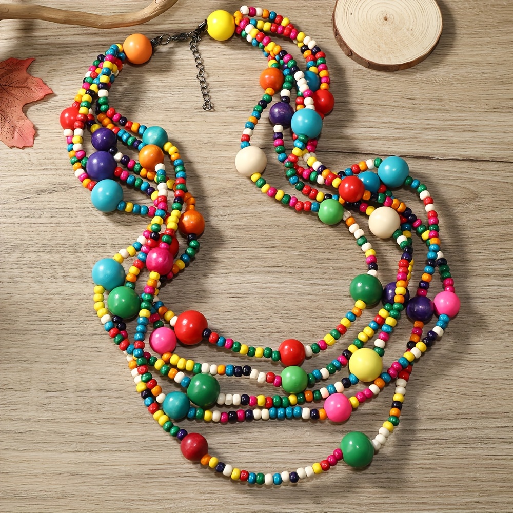 

Boho Colorful Beaded Layered Necklace, Exaggerated Wooden Beads Neck Jewelry, Personalized Creative Necklace For Women