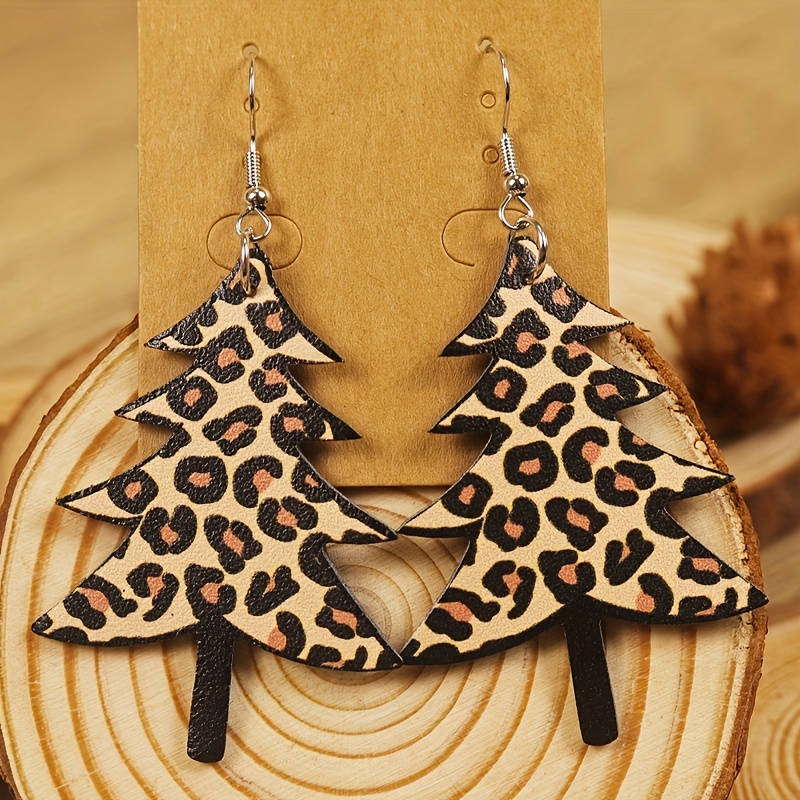 Vintage Christmas Tree Leopard Print PU Leather Earrings
