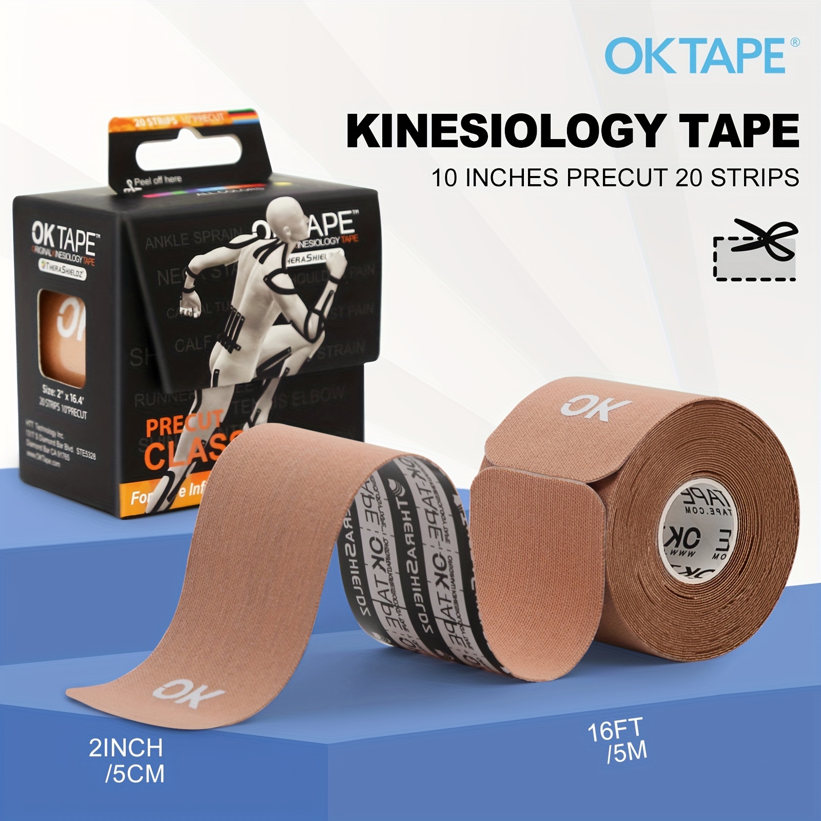 OK TAPE PRO Kinesiology Tape, 2inch x Long Roll 16ft Free Cut Tape, Elastic  Athletic Tape Therapeutic Latex Free, Beige+Beige