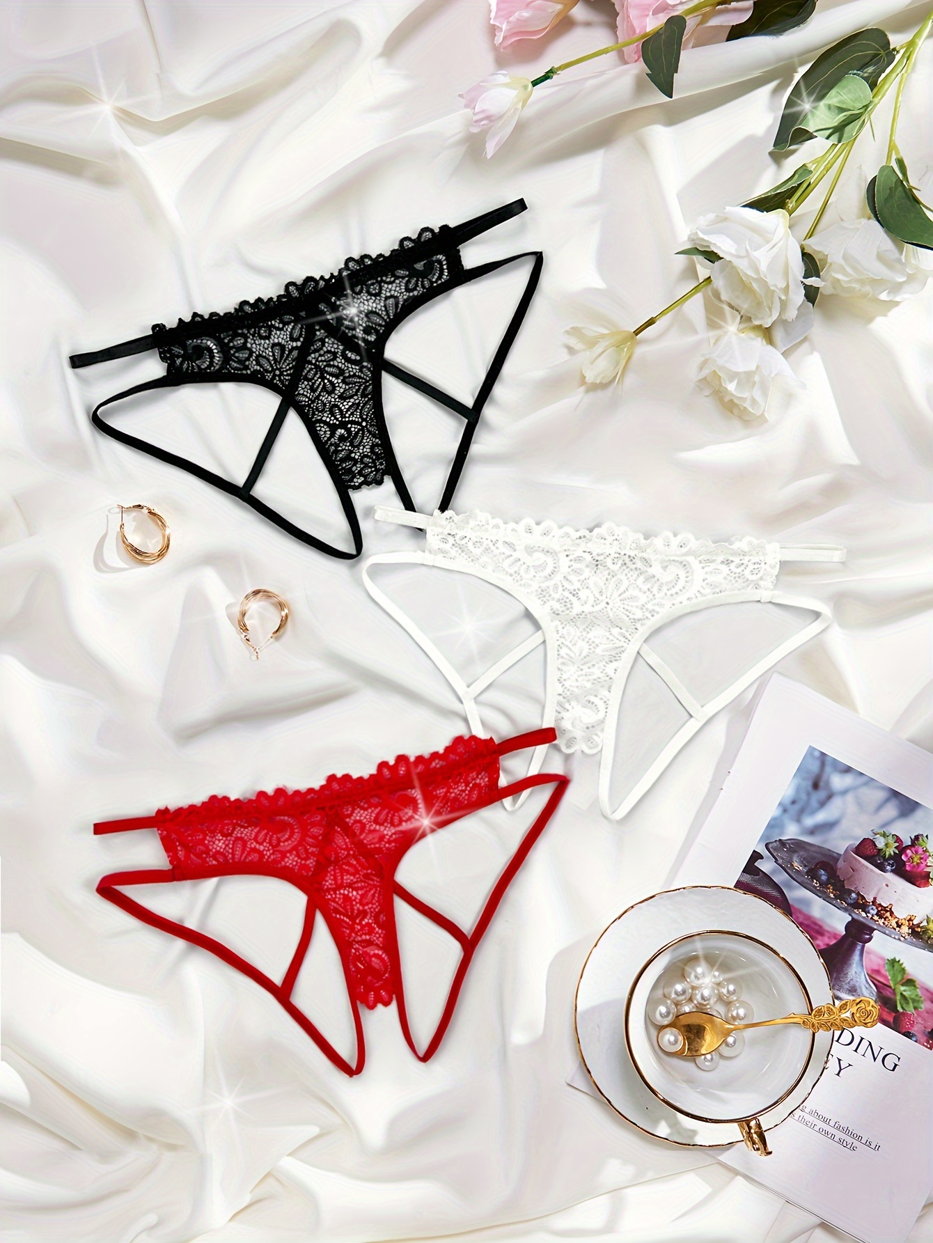 3pcs Floral Lace Thongs, Hollow Out Open Crotch Intimates Panties, Women's  Sexy Lingerie & Underwear