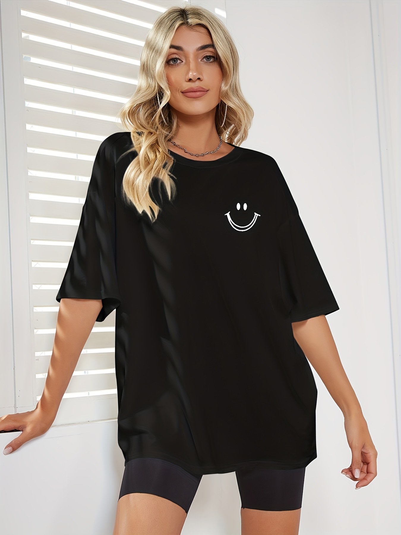 6917 Women's Light Blue joyful Face Graphic Print T-Shirt - High Elasticity Loose Fit Drop Shoulder Short Sleeve Round Neck Casual Summer Top, Ladies T Shirts, Comfortable Tee, Stretchy Fabric