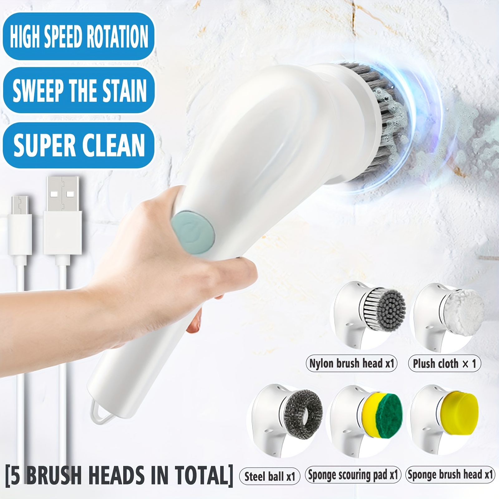 Livingandhome 5 in 1 Electric Handheld Cleaning Brush with 5 Brush