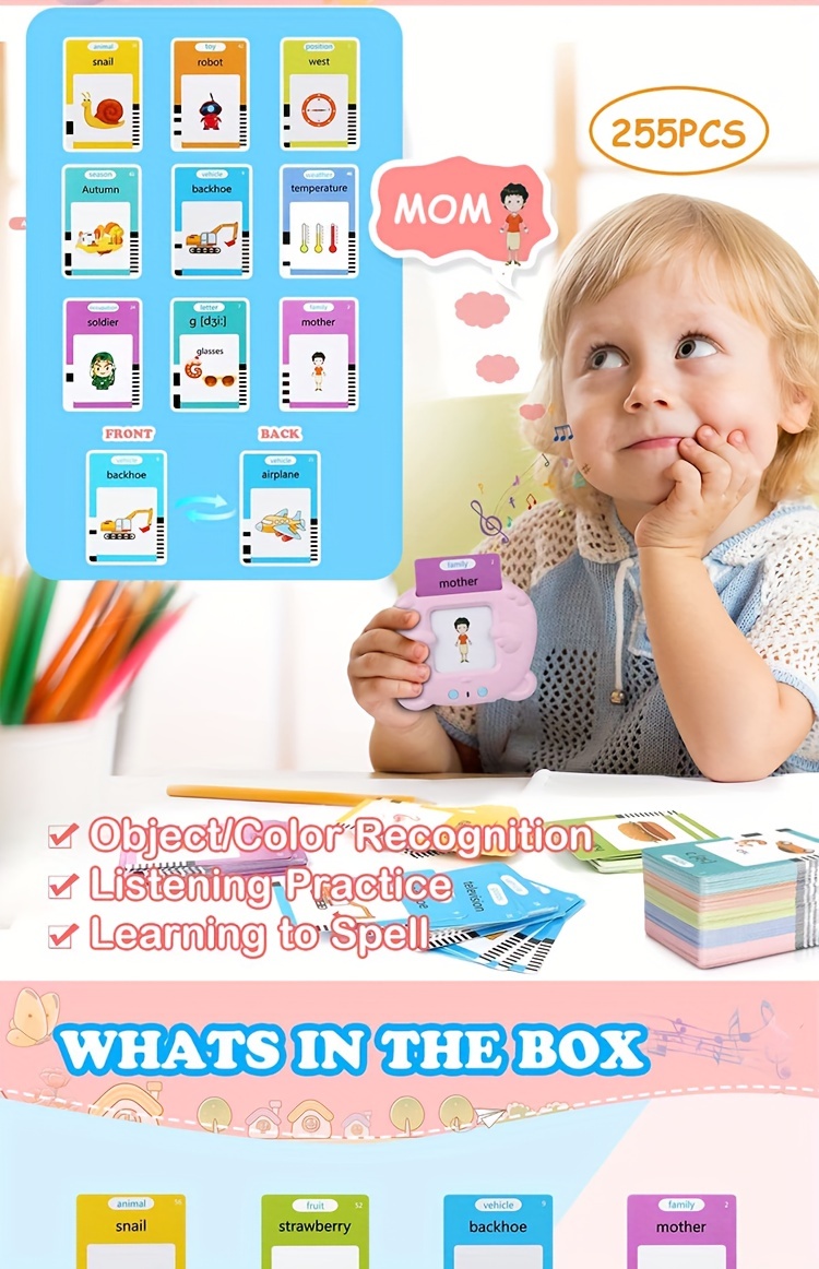 SEKEAHU Juguetes de aprendizaje para niños y niñas de 2, 3, 4, 5, 6 años,  tarjetas didácticas para aprender con 224 palabras visuales, juguetes de