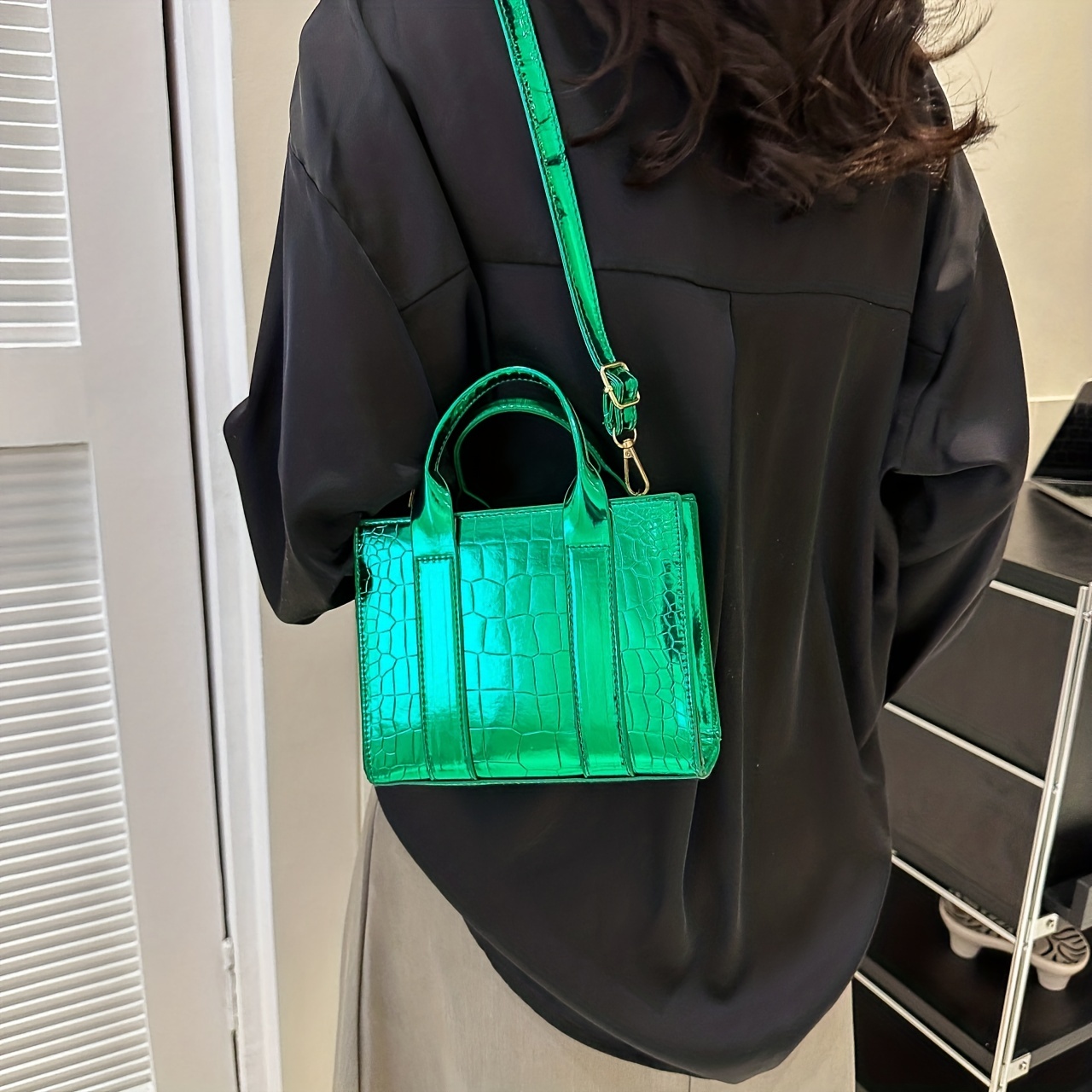 Balenciaga Hourglass Mini Handbag in Green Crocodile Embossed