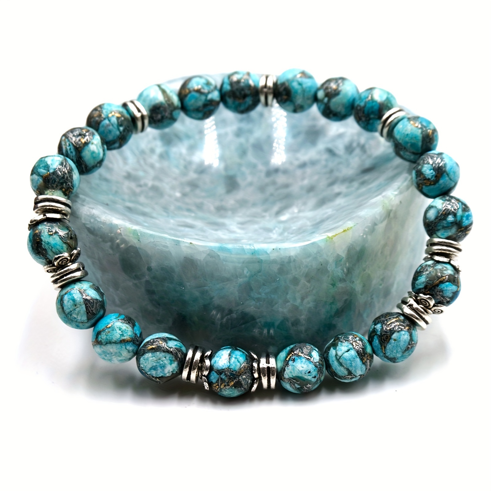 

1pc Turquoise 8mm/0.31in Beads Elastic Bracelet For Daily Wearing