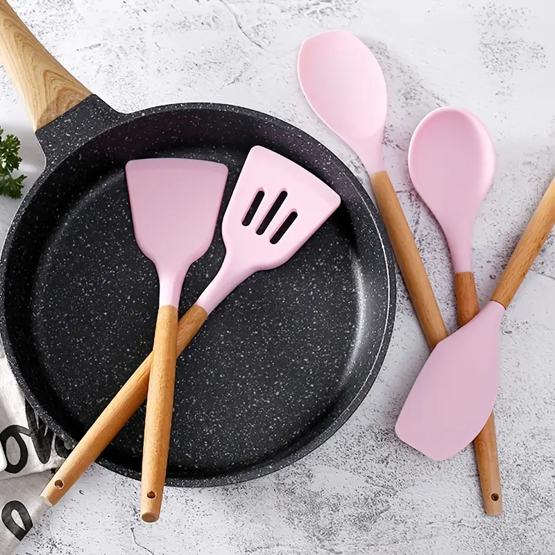 Silicone Kitchenware Set With Wooden Handle, Kitchen Silicone