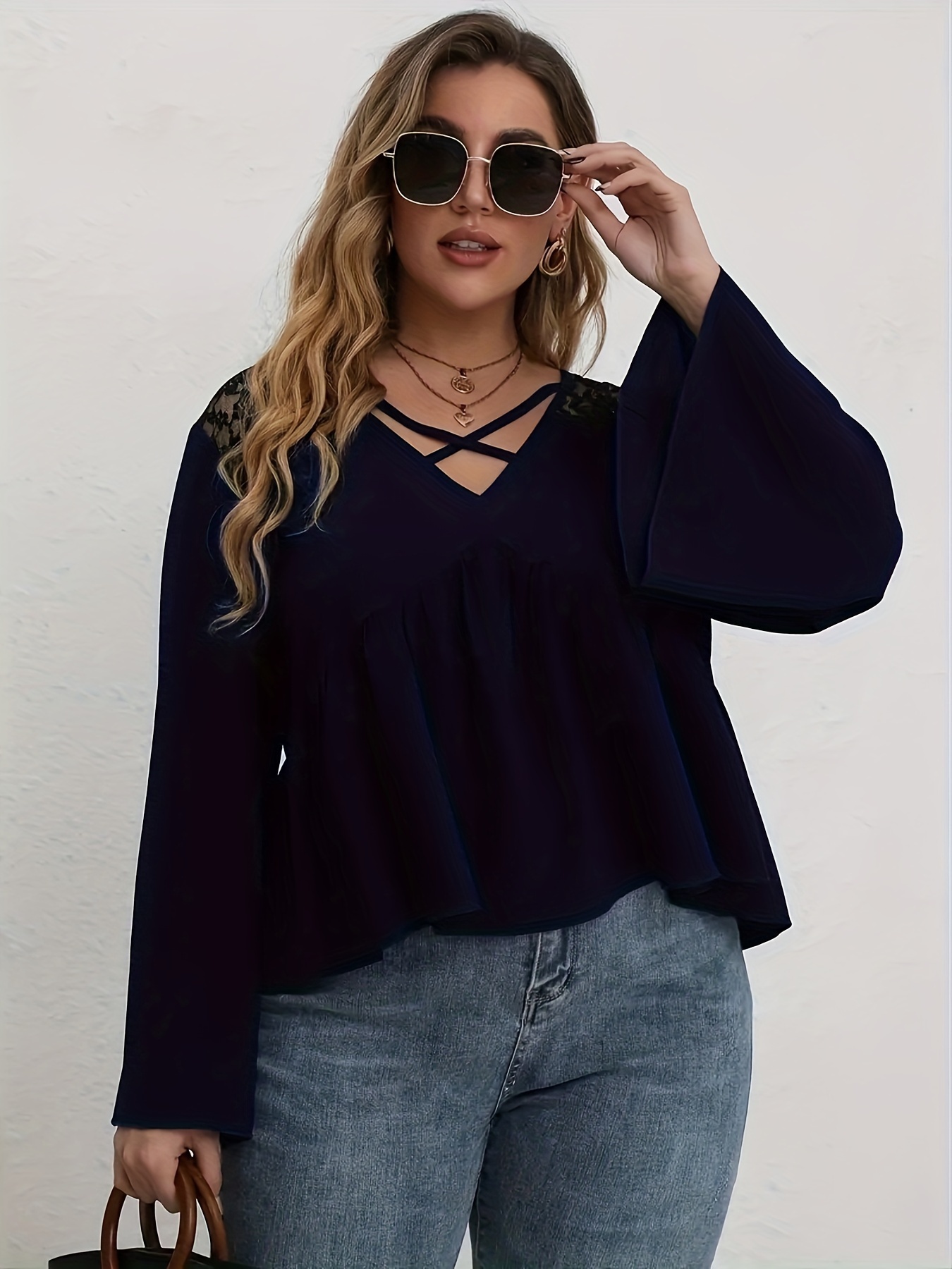 Fashion Womens Round Neck Plus Size Printed Flare Sleeve Tops Bell