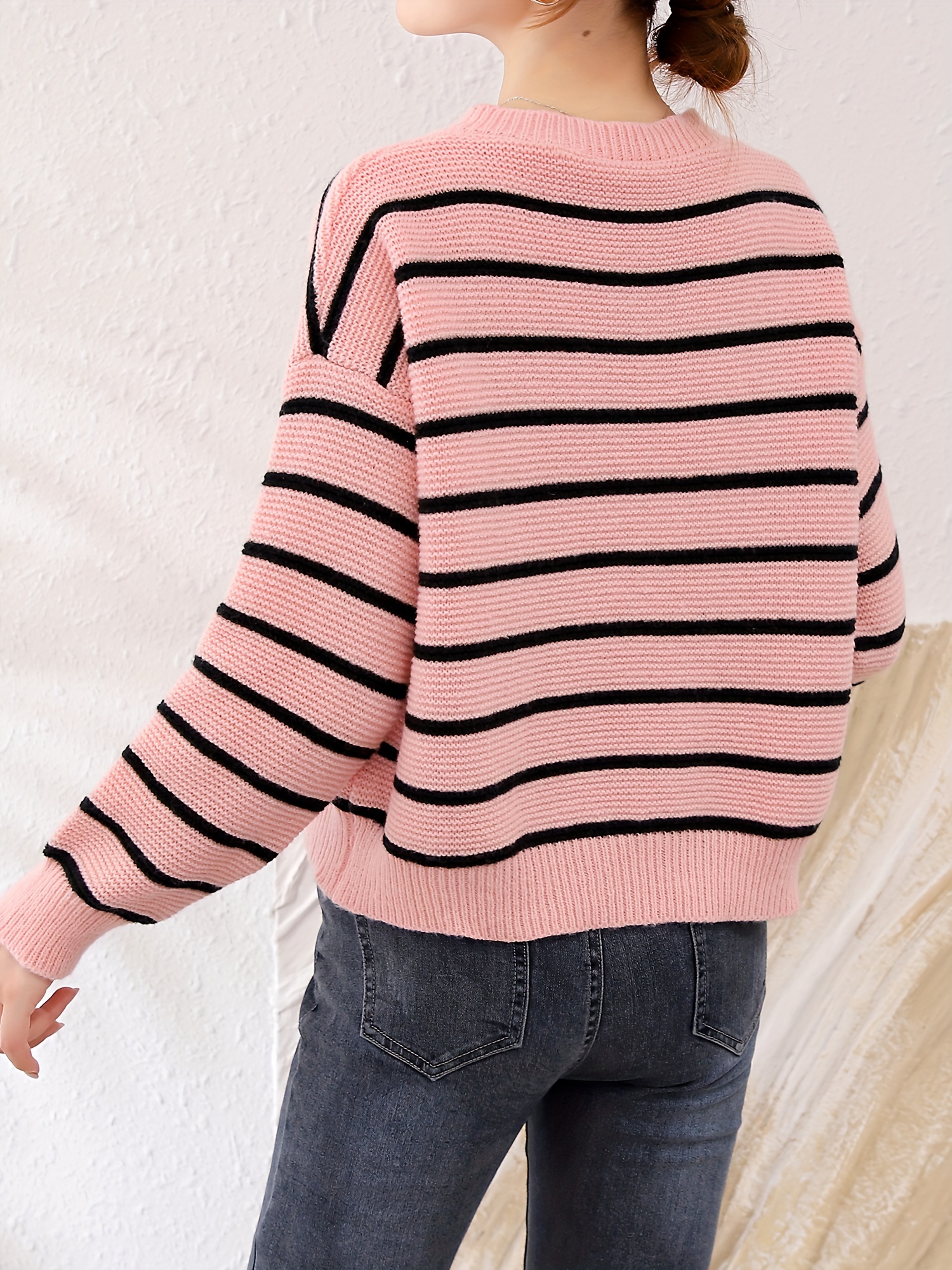 Striped Button Knit Cardigan Elegant Crew Neck Long Sleeve - Temu