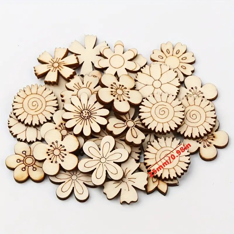 50pcs 20/25mm Mixed Flower Wood Slice Scrapbooking Wooden Crafts For  Embellishment Handmade Accessories DIY Home Decoration