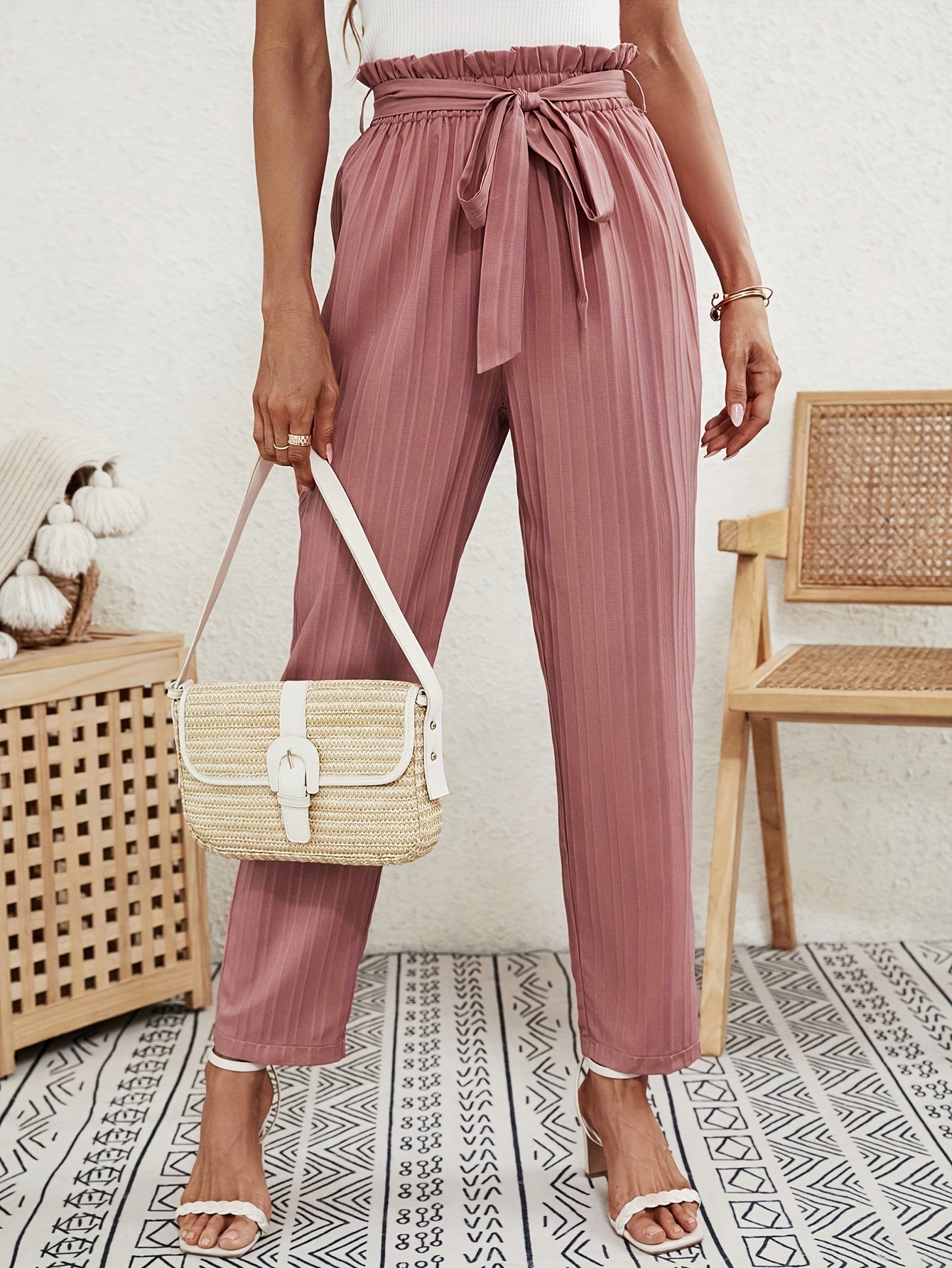 Knotted Paper Bag Waist Pants Casual Solid Long Length Pants - Temu Italy