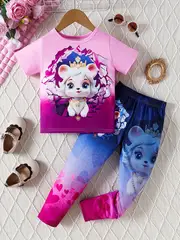 2pcs girls elegant princess cat print outfits short sleeve t shirt pants set for spring summer party details 5