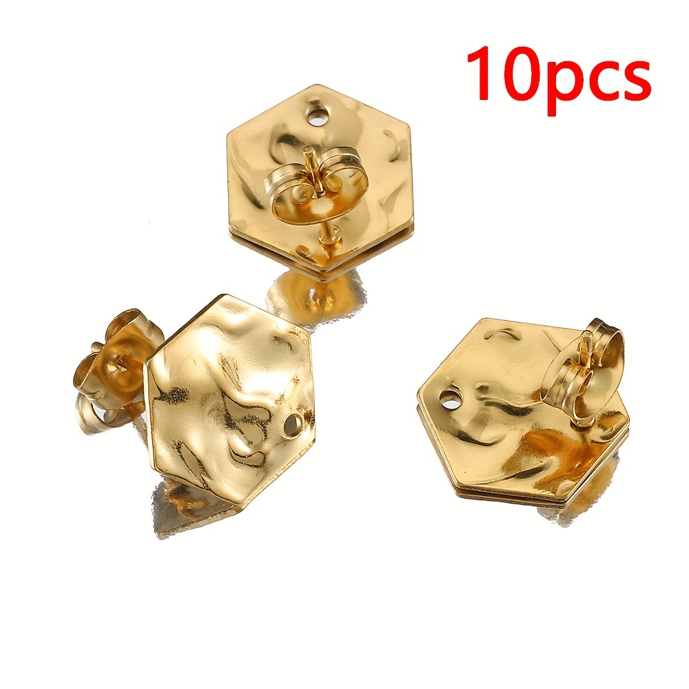 Image of 10pcs 304 Stainless Steel Geometric Stud Earrings Stylish Hexagonal Textured Textured Earrings Dangle Earrings With Ear Plugs For Jewelry Making