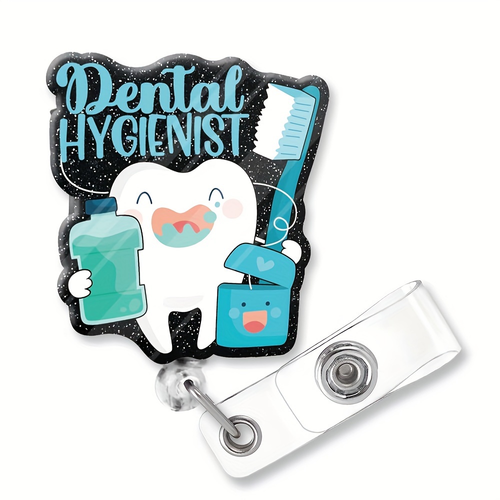 Dental Hygienist Funny Black Glitter Badge Reel Holder Metal