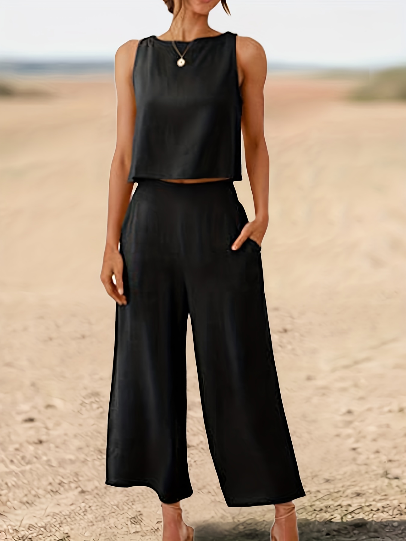 Casual Loose Solid Two piece Set Tank Top Wide Leg Pants - Temu