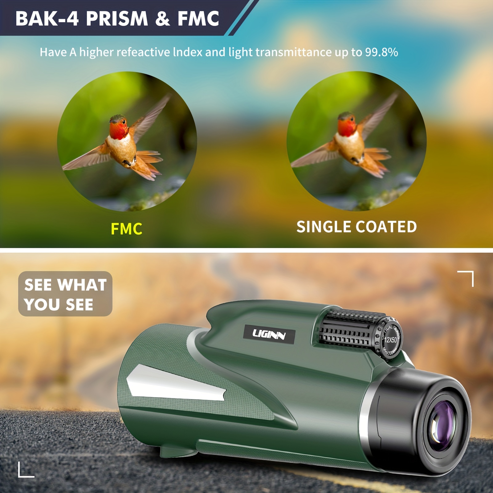 12X50 HD Monocular BAK4 Prism For Bird Watching Travel Concerts