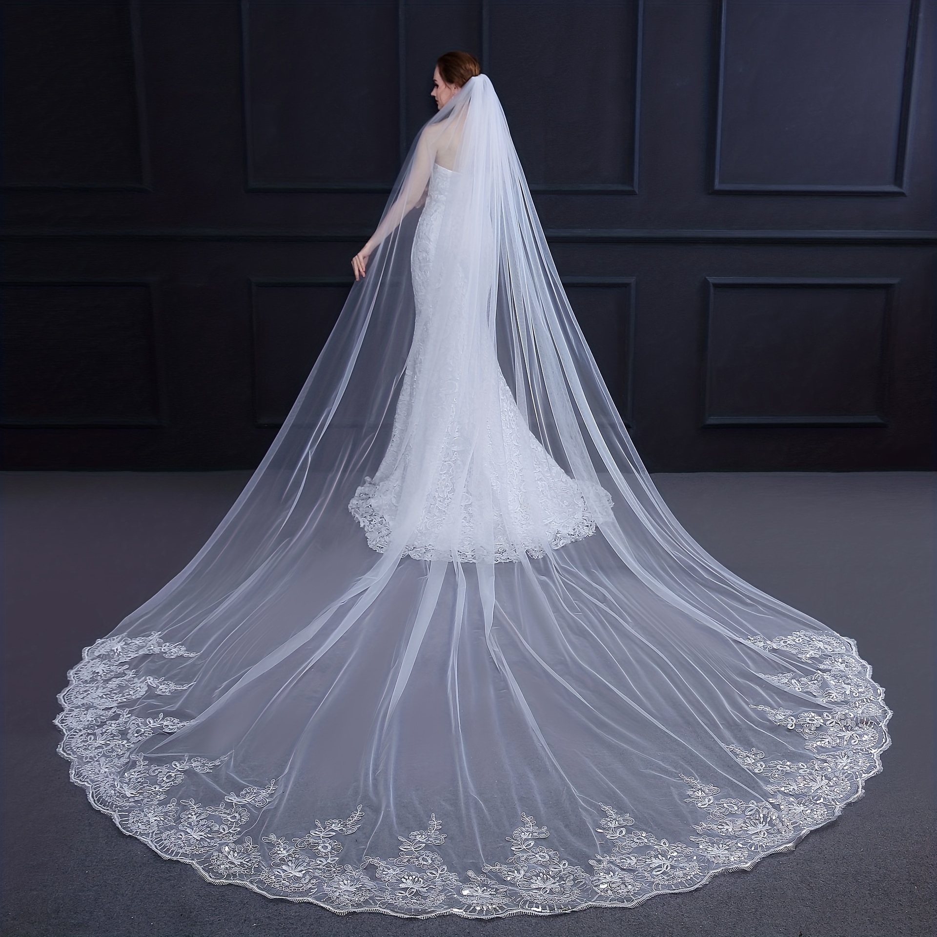 Long Lace Wedding Veil Long White Cathedral Style Bridal - Temu