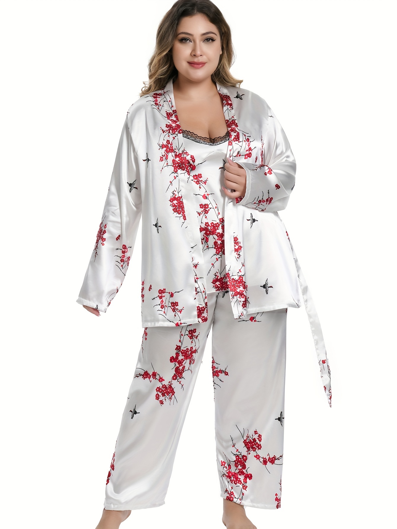 Plus Size Elegant Pajama Set Women's Plus Contrast Trim Long - Temu