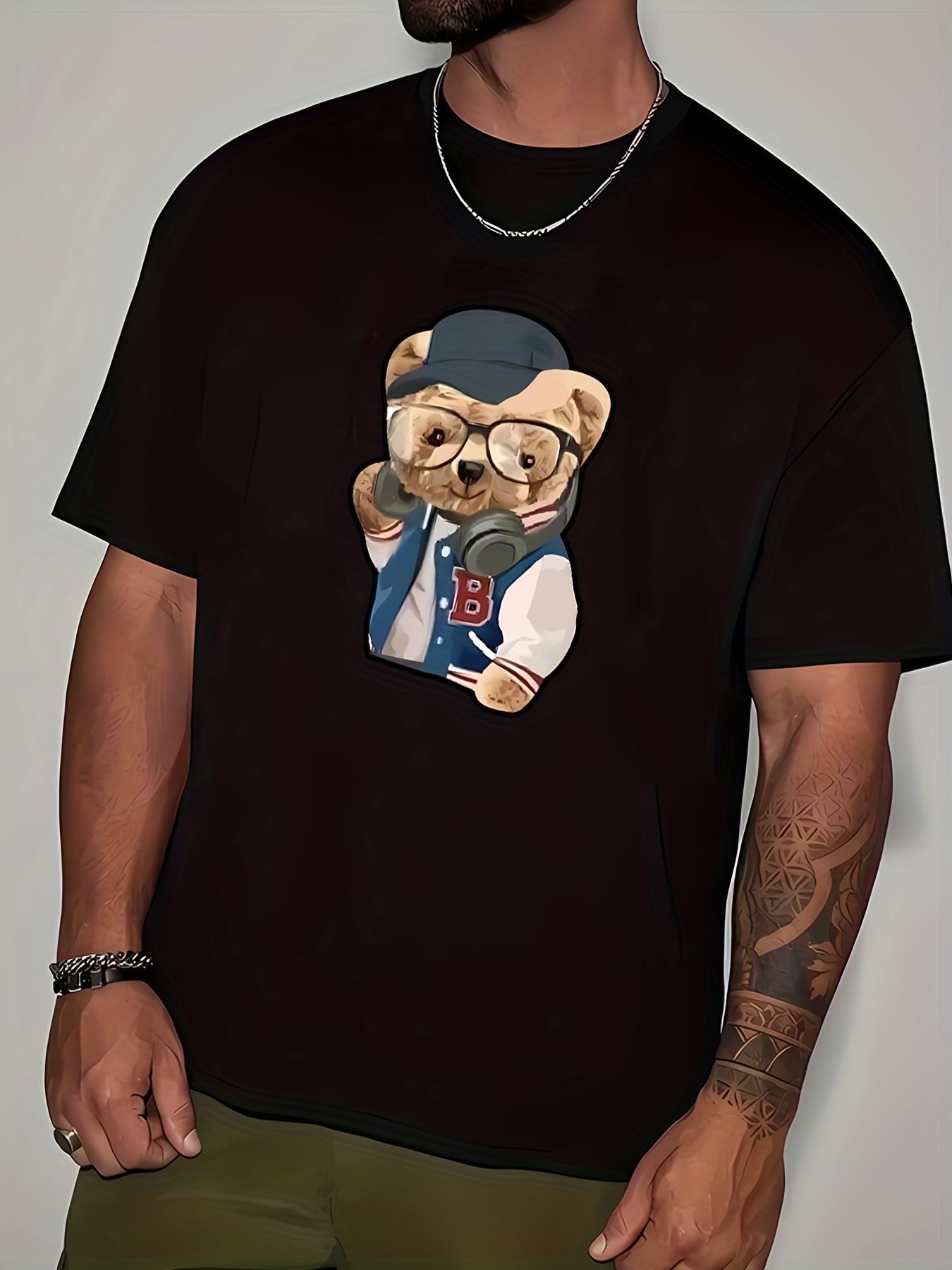 Men's Cartoon Billionaire Teddy Bear Print Casual Round Neck Short Sleeve T- shirt - Temu