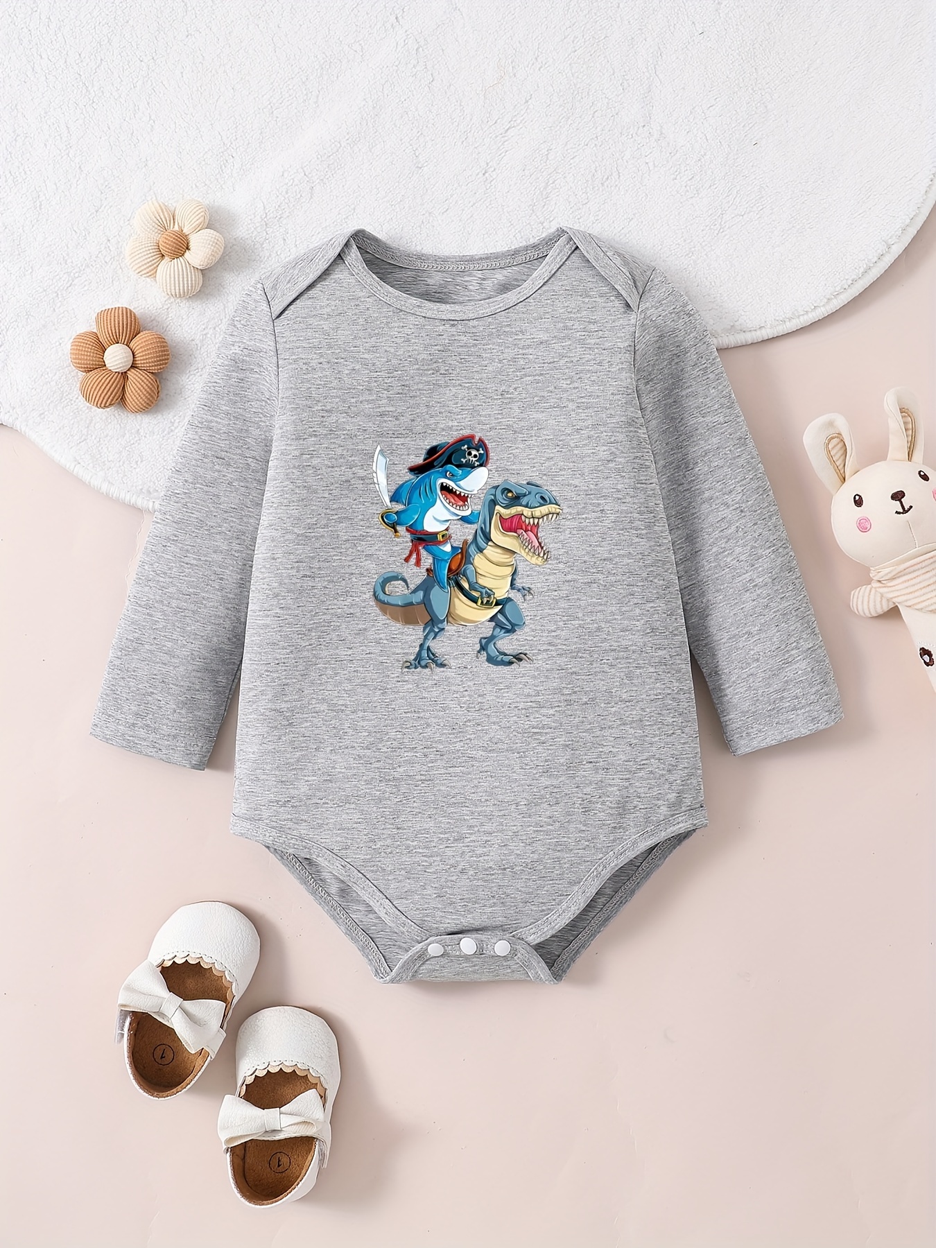 Infant's Shark Pirate Print Bodysuit Comfy Long Sleeve - Temu