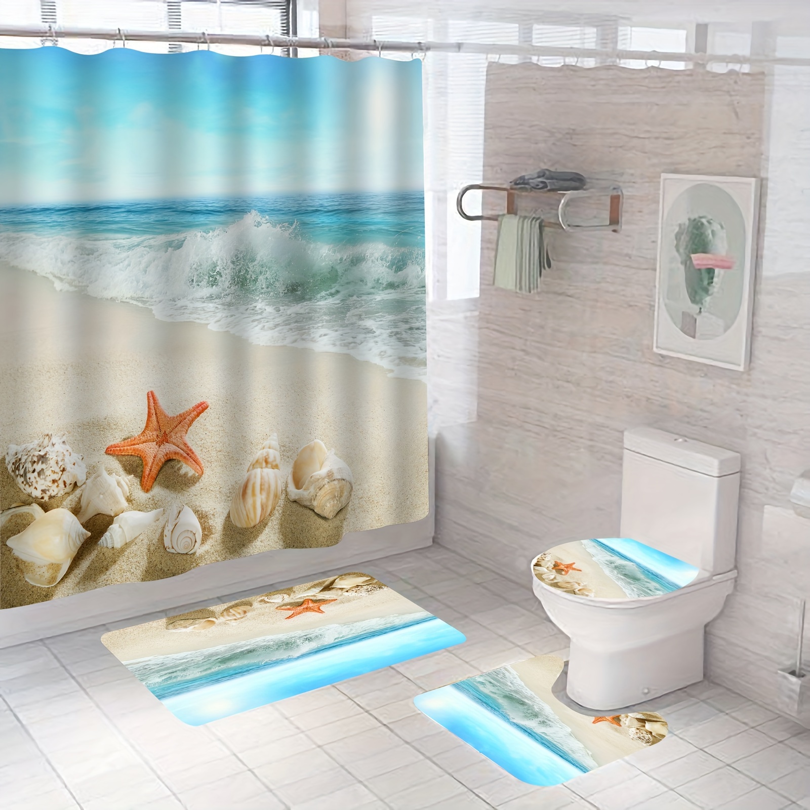 Juegos de baño 4 pc con accesorios para cortinas ducha y alfombras Sea  shell