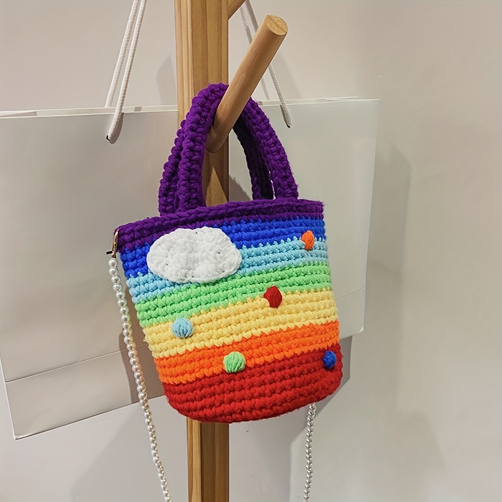 Rainbow Crochet Bag For Women, Cute Knitted Shoulder Bags, Clouds