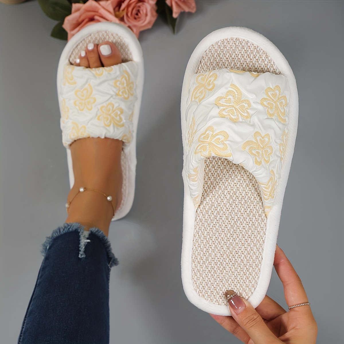 Heart Pattern Mop Slippers Casual Slip Linen Sole Slippers - Temu