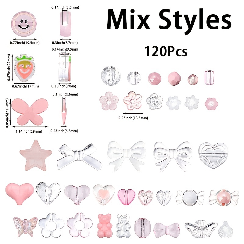 120 Pieces Acrylic Cute Beads, Beads for Bracelets Making Assorted Beads  Flower Heart Butterfly Candy Beads Acrylic Beads Candy Bracelet Beads for