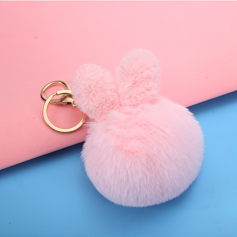 Rabbit Ears Fur Ball Bag Charms With Golden Keyring Pom Pom, Fluffy Fur  Ball Keychain For Car Keyring, Charm Gift - Temu