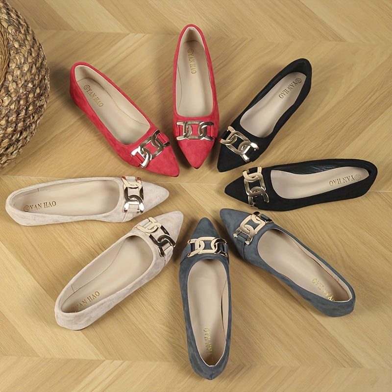 Women's Metallic Buckle Decor Flats, Pointed Toe Solid Color Suedette Work  Shoes, Comfy Soft Sole Office Ballet Flats - Temu Bahrain