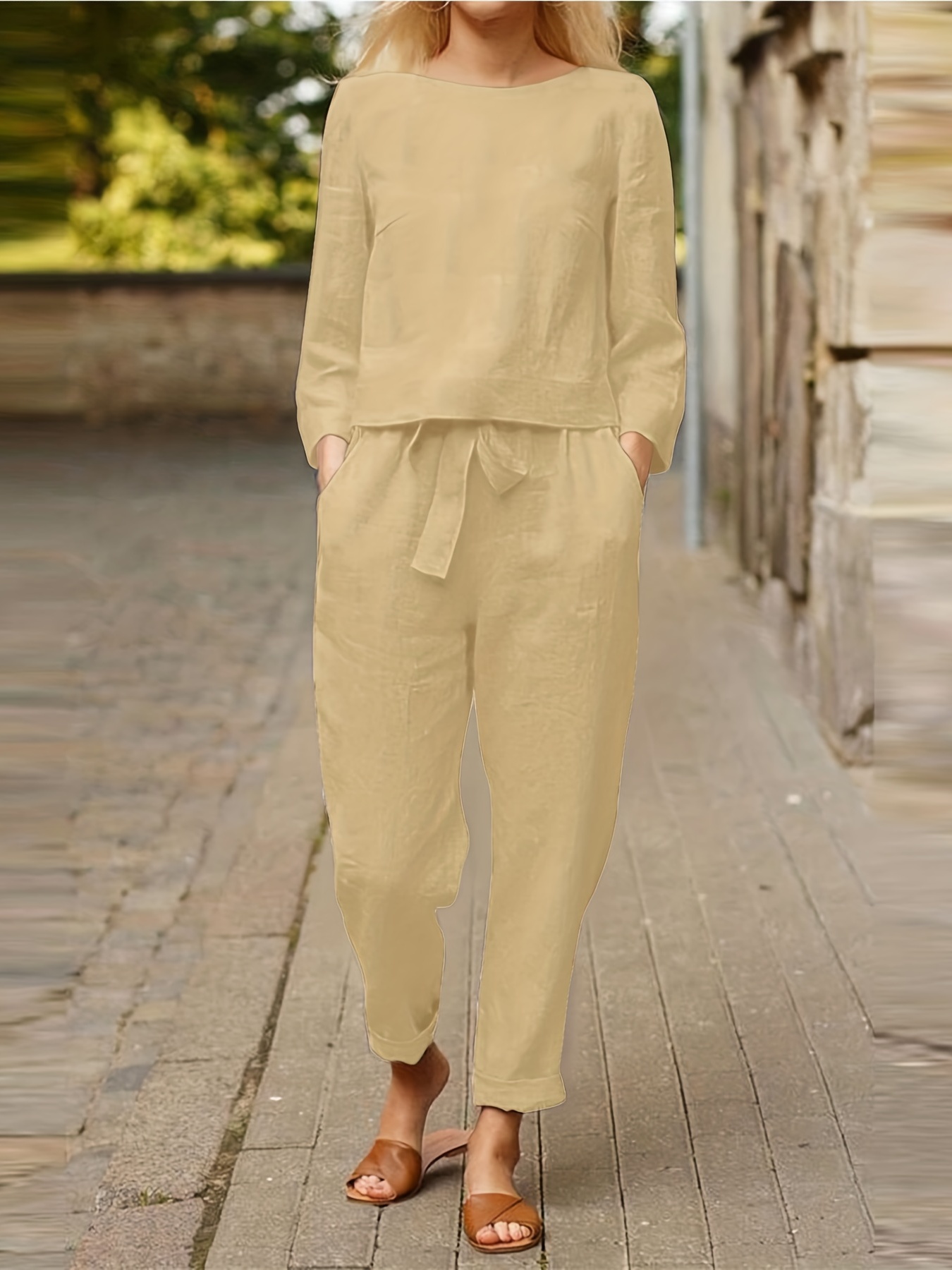 Casual Linen Pants Suit, 2-piece Outfit for Women, Plus Size Linen
