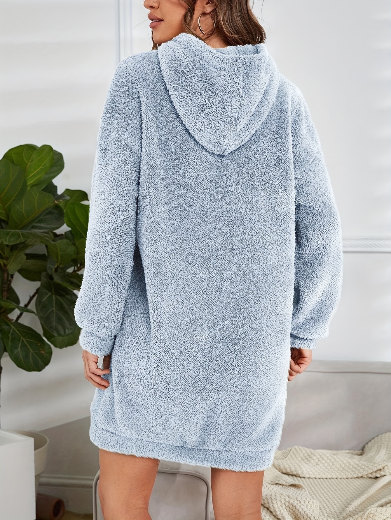 Hooded Teddy Dress Casual Long Sleeve Simple Warm Dress Temu