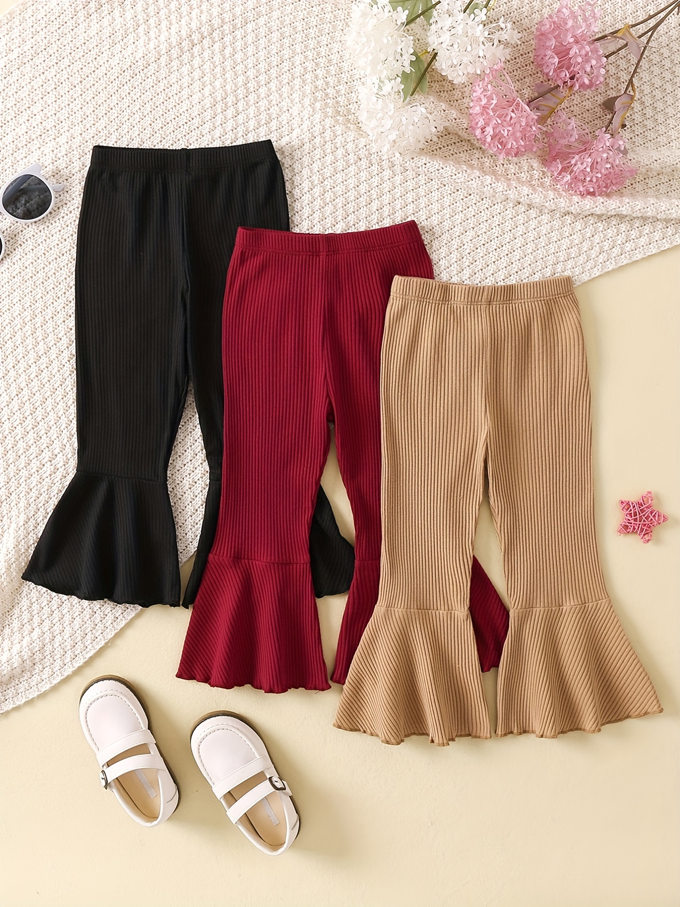 Girls Casual Ribbed Elastic Knit Flared Pants For Autumn And - Temu
