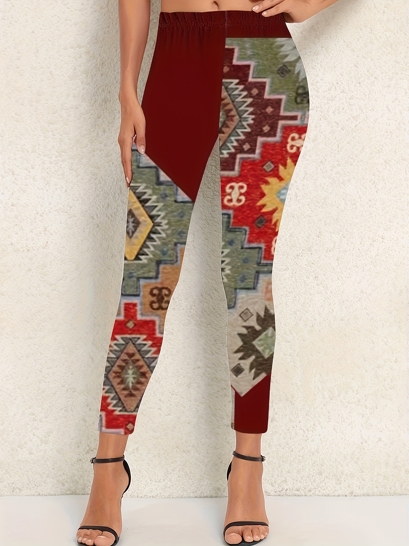 Western Ethnic Print Skinny Leggings, Vintage Elastic Waist Stretchy  Leggings, Women's Clothing