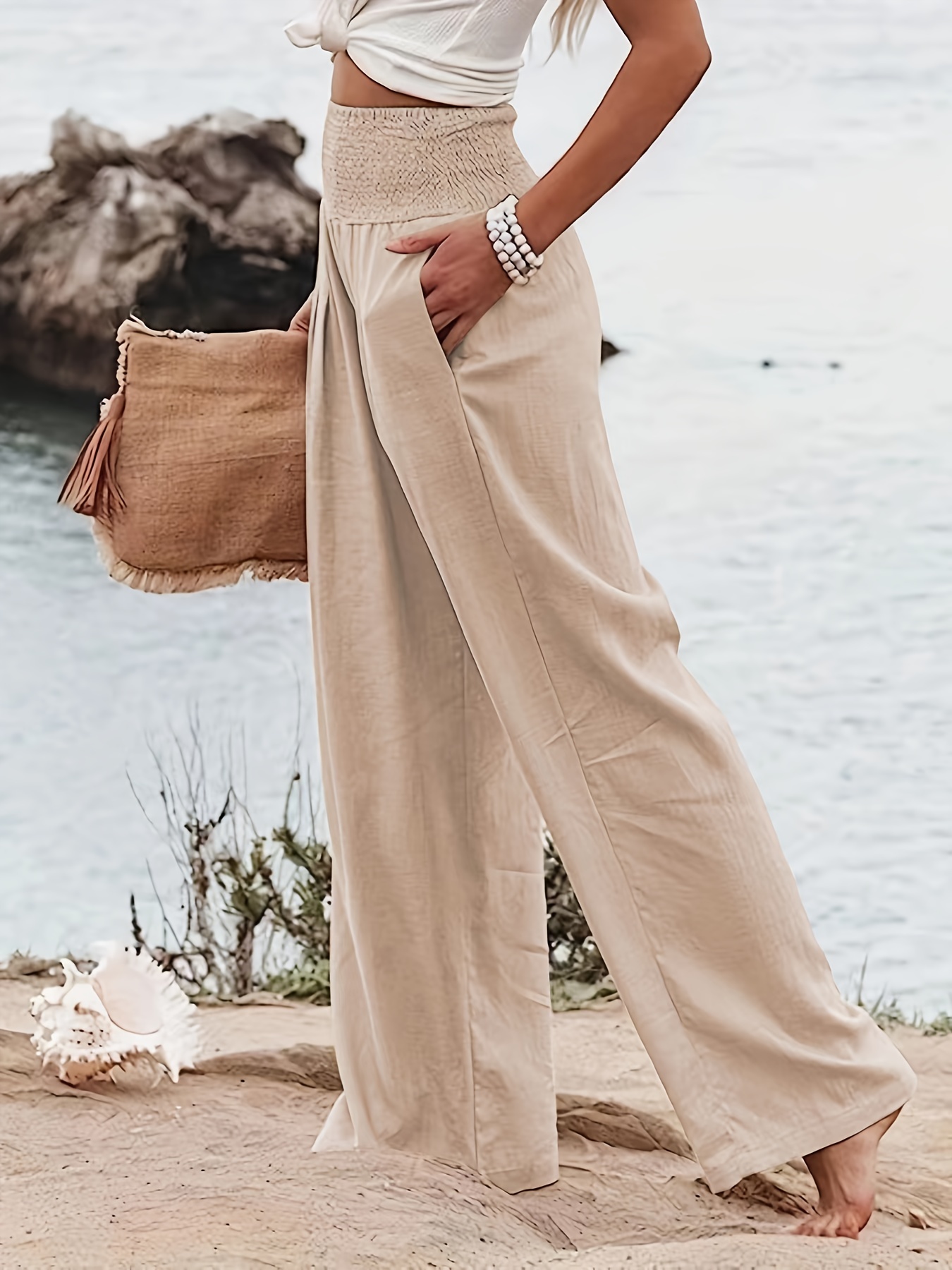 Shirred Waist Wide Leg Pants Casual Solid Pants Spring - Temu