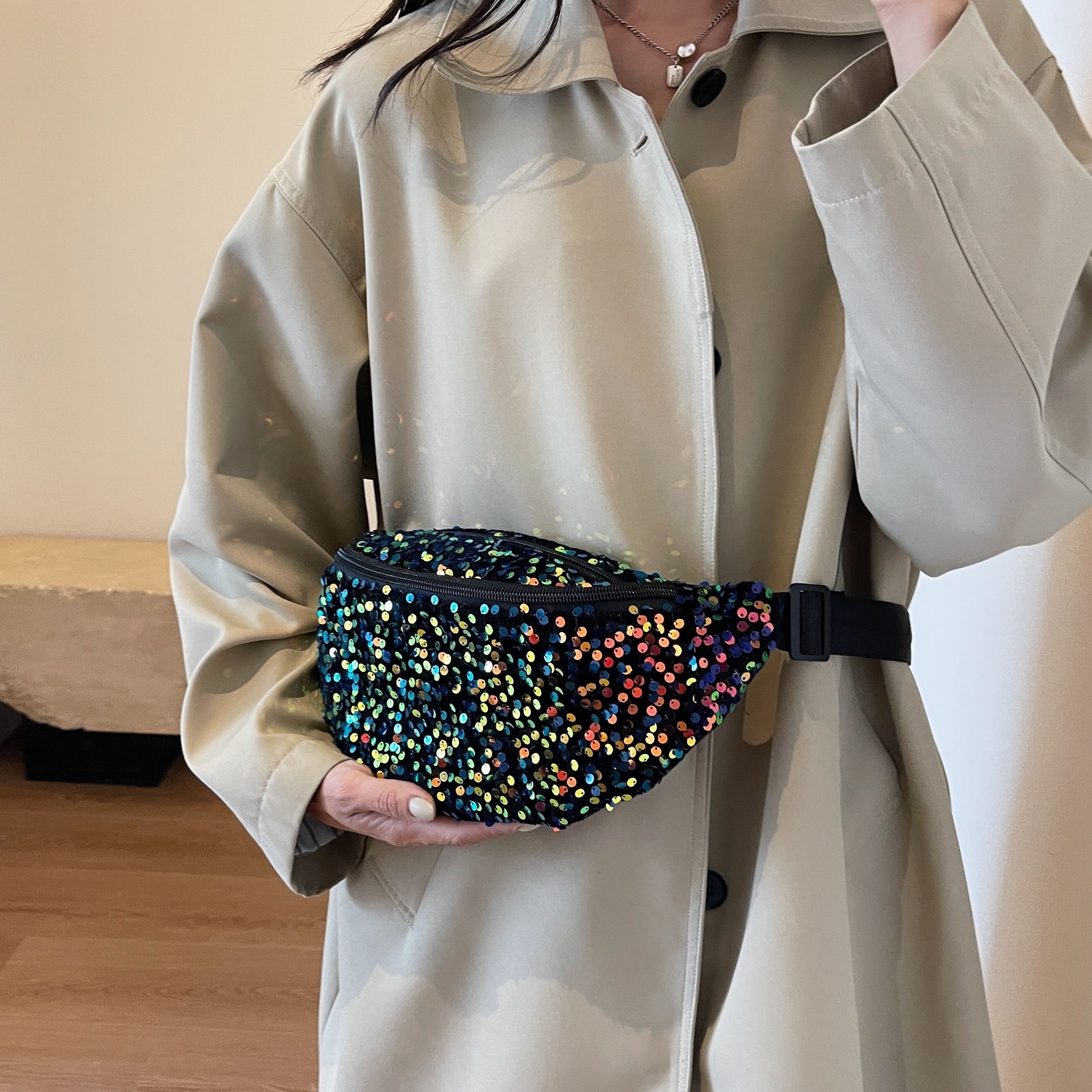 Shop Sequin Detail Bum Bag with Zip Closure Online