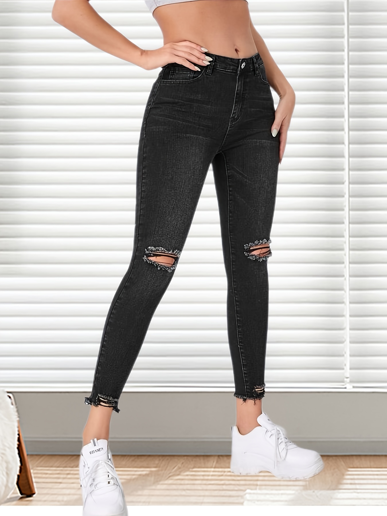 Black Ripped High Waist Skinny Jeans High Slim Fit - Temu Canada