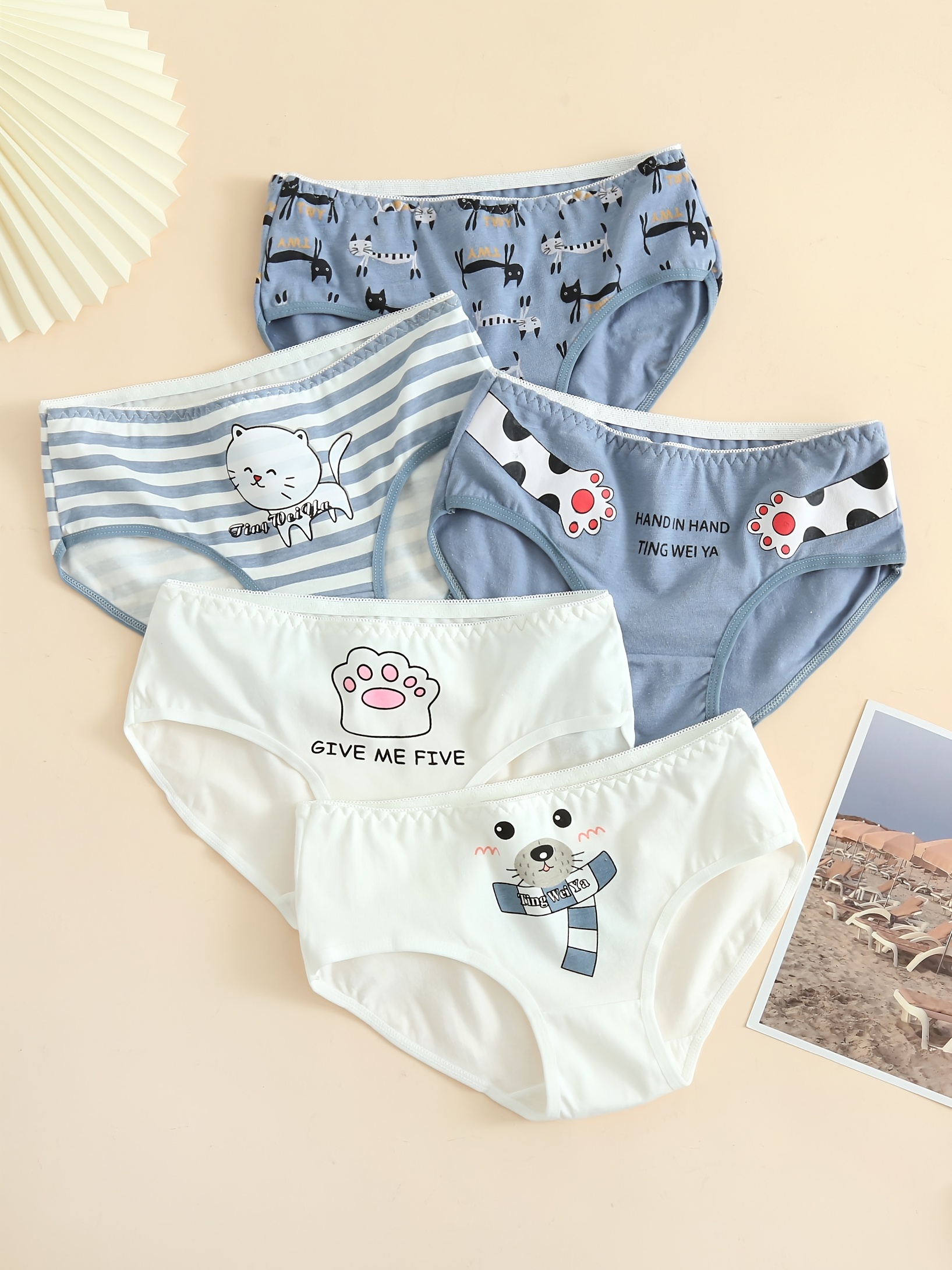 5pcs Cute Pattern Briefs, Comfy & Breathable Elastic Cotton Intimates  Panties, Women'a Lingerie & Underwear