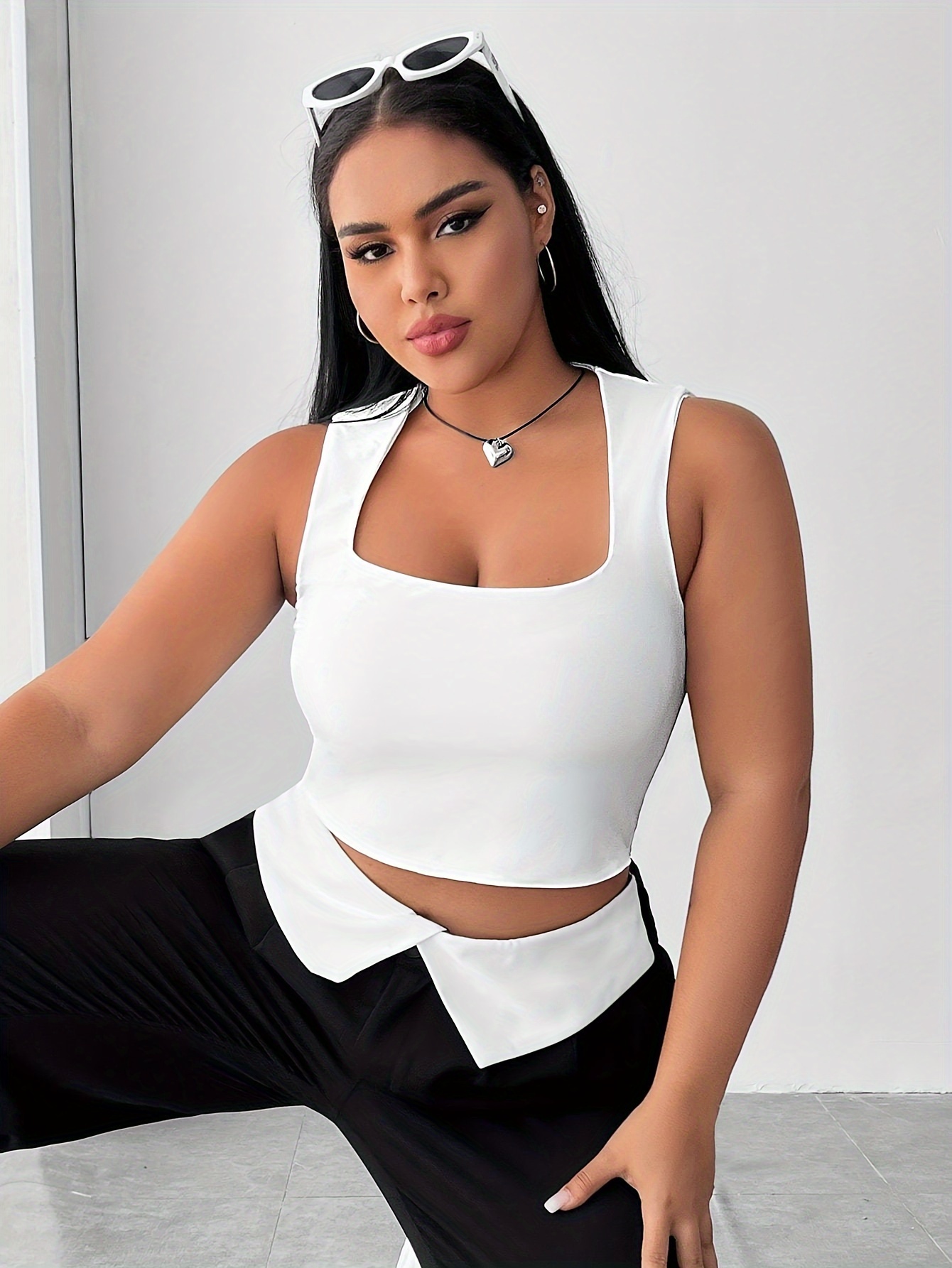 Plus Size Solid Crop Tank Top Square Neck Sleeveless Tank Temu South