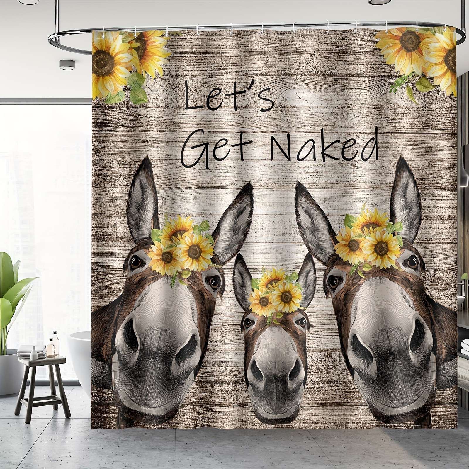 Donkey Sunflower Shower Curtain Farm Animal Sunflower Wooden - Temu
