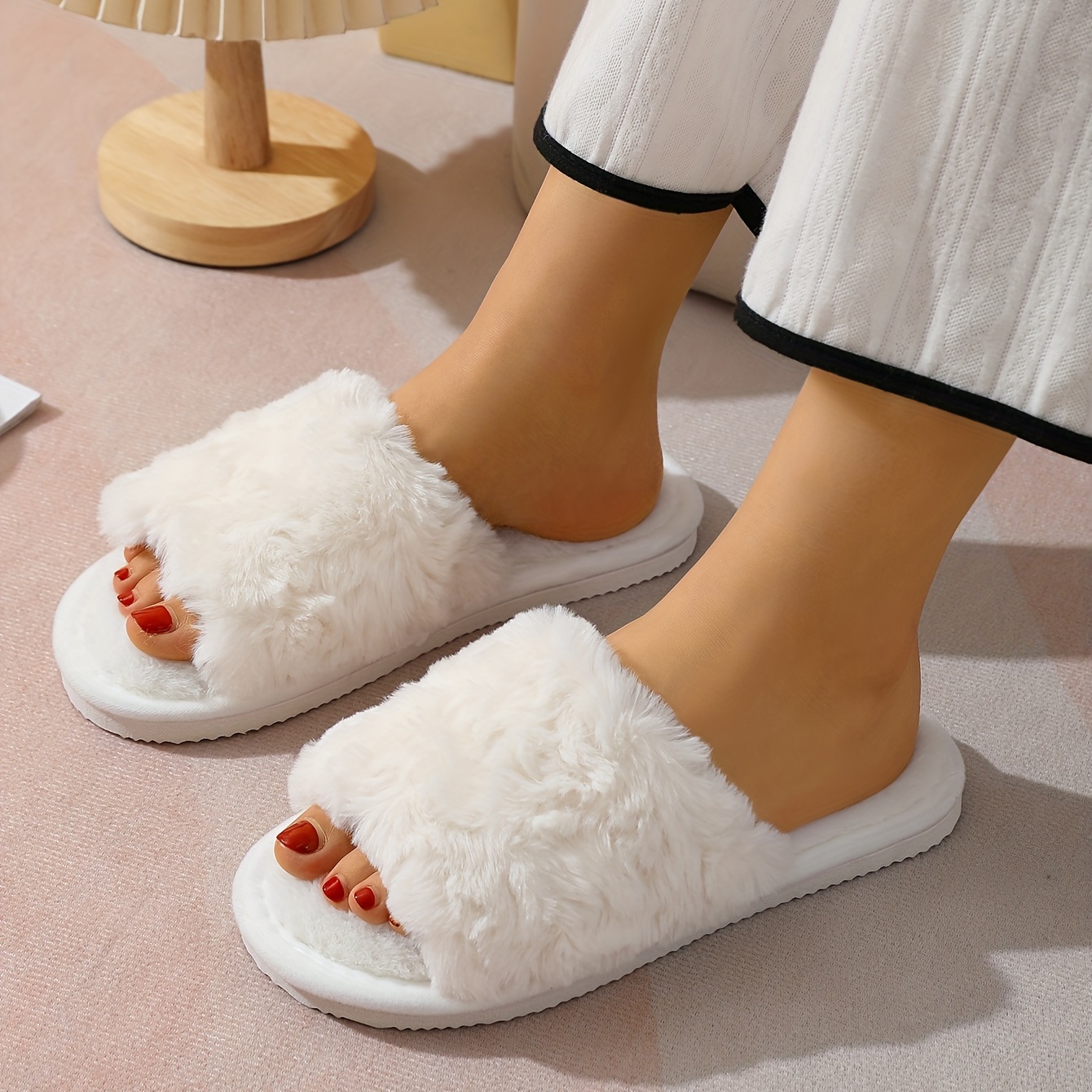 

Solid Color Warm Home Slippers, Slip On Open Toe Non-slip Fluffy Flat Slides Shoes, Cozy Plush Indoor Comfy Shoes