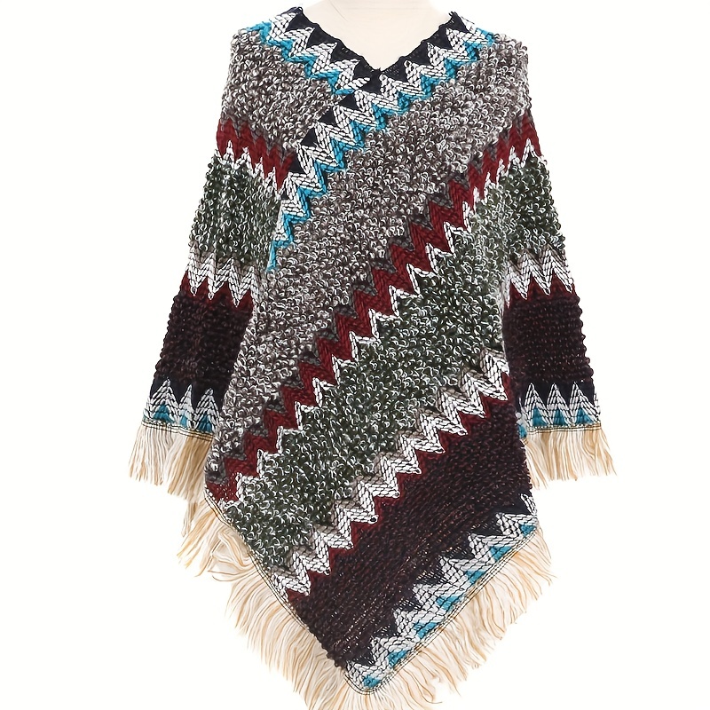 Poncho Tipo Jersey Estilo Mujer Capa Borlas Rayas Coloridas - Temu