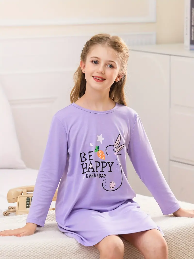 Girl's Cartoon Animal/food Print Nightgown Long Sleeve - Temu Canada