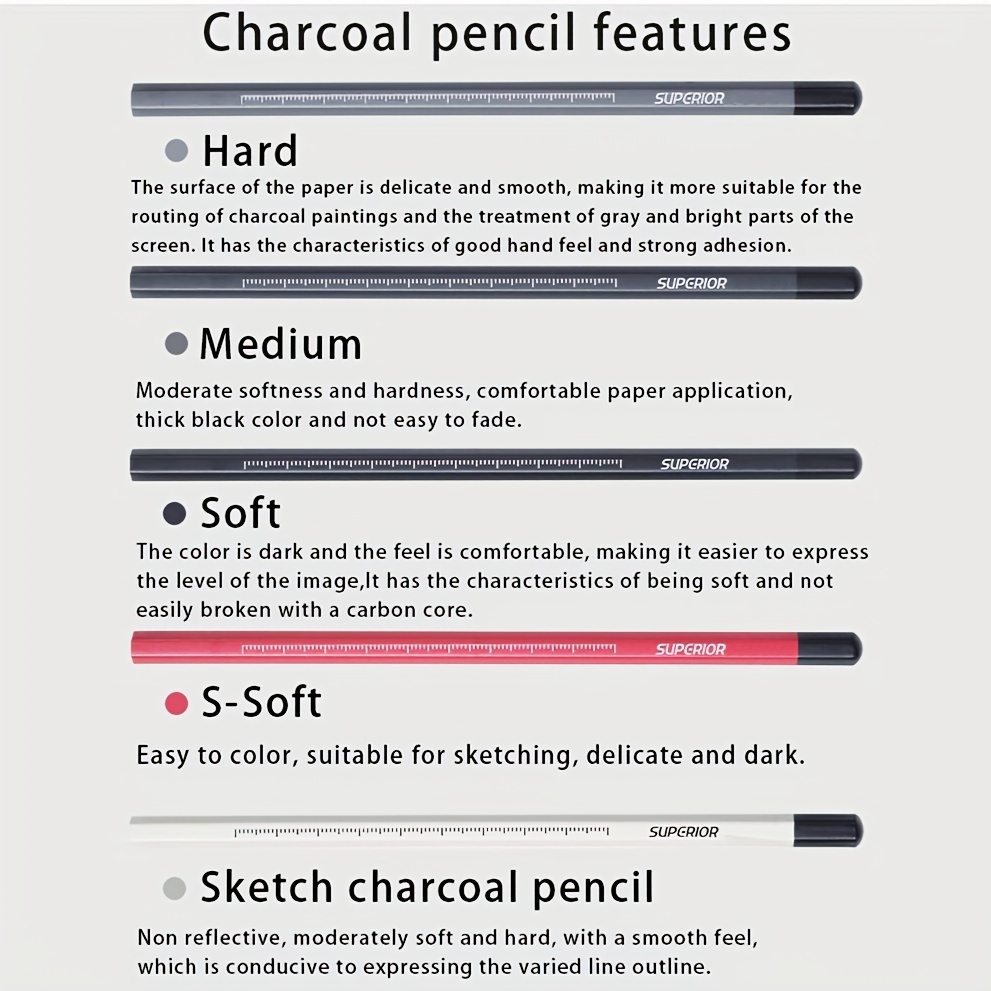Charcoal Pencil For Sketching, Charcoal Pencil, Drawing Pencils,  Professional Features 3 Grades Of Charcoal Pencils For Artists & Beginners  Including