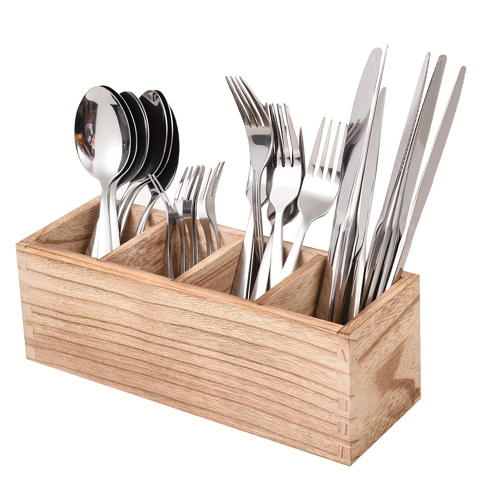 

1pc Paulownia Wood Cutlery Box - Lightly Burnt 4 Compartments Kitchen Utensil Organizer With Adjustable Smart Compartments - Silverware Storage Cage - Home Kitchen Accessories