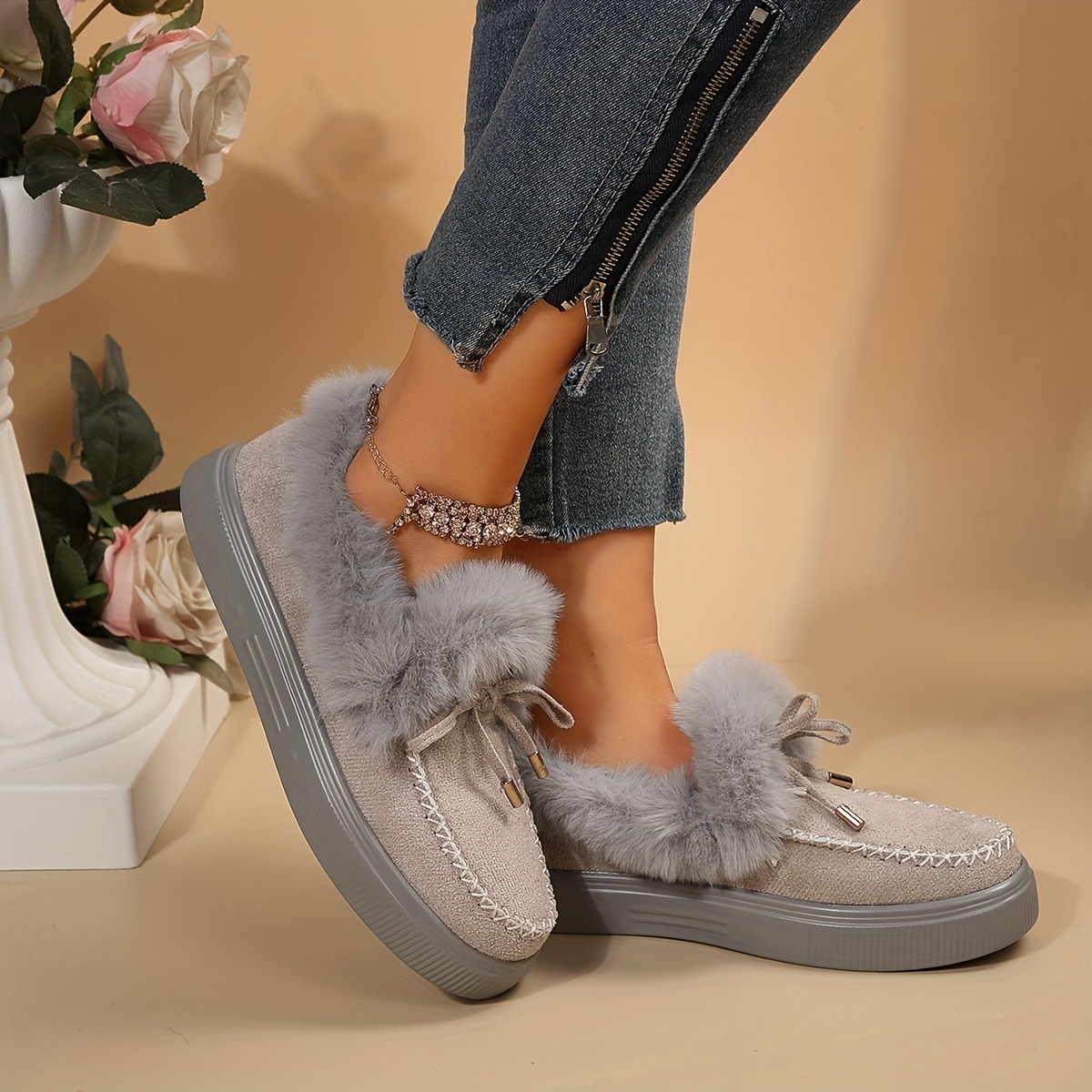 Women s Fluffy Fleece Lining Snow Boots Solid Color Bowknot Slip On Ankle Boots Cozy Winter Warm Flat Boots details 5