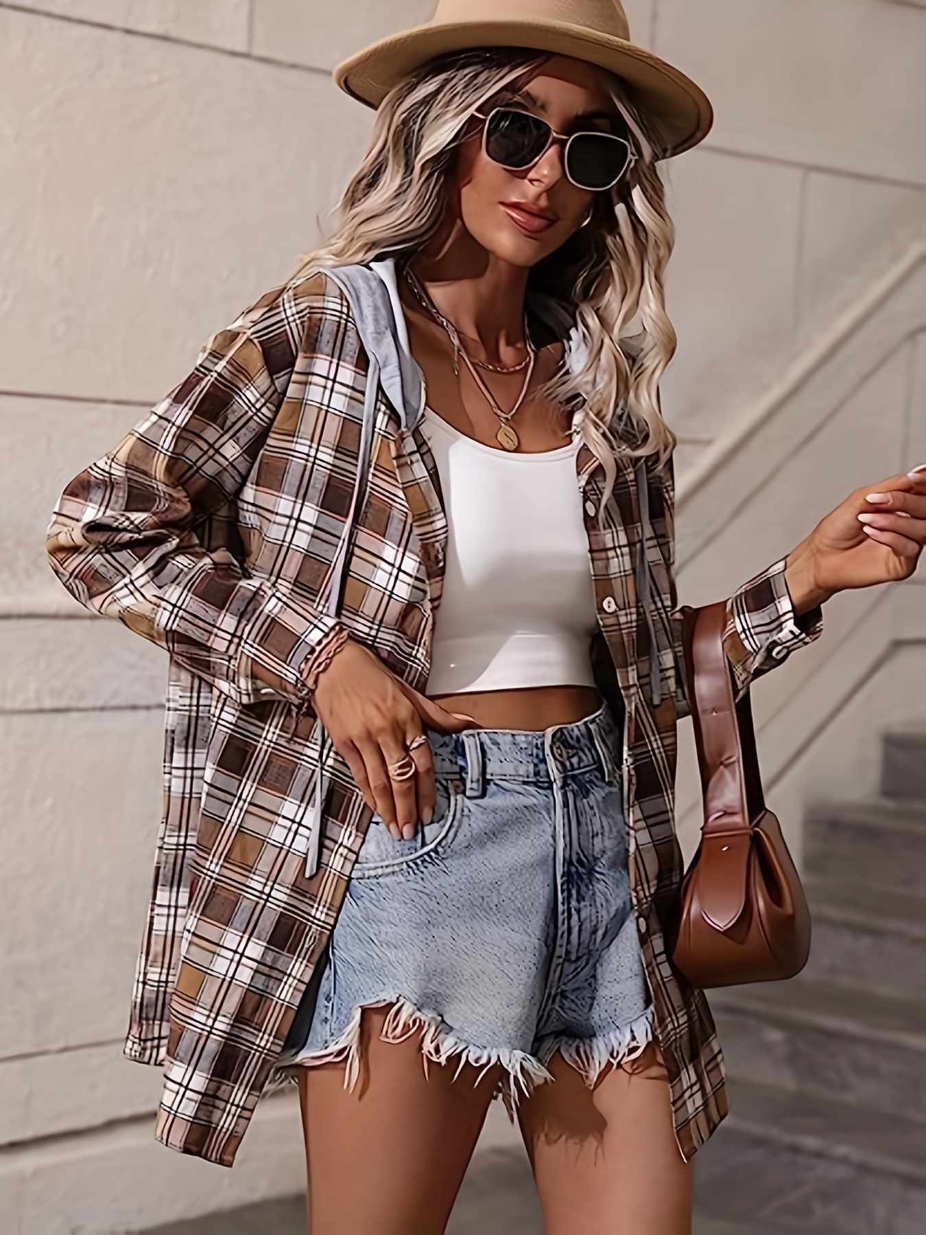 Hooded Plaid Print Blouse Casual Button Front Drawstring - Temu