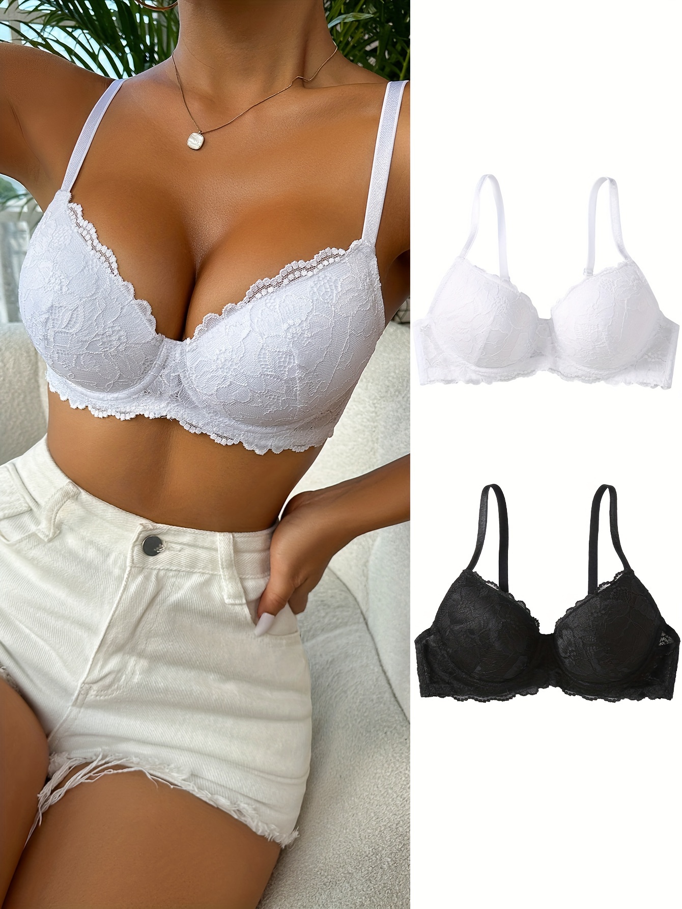 Contrast Lace Push Up Bra, Comfy & Breathable Everyday Bra, Women's  Lingerie & Underwear
