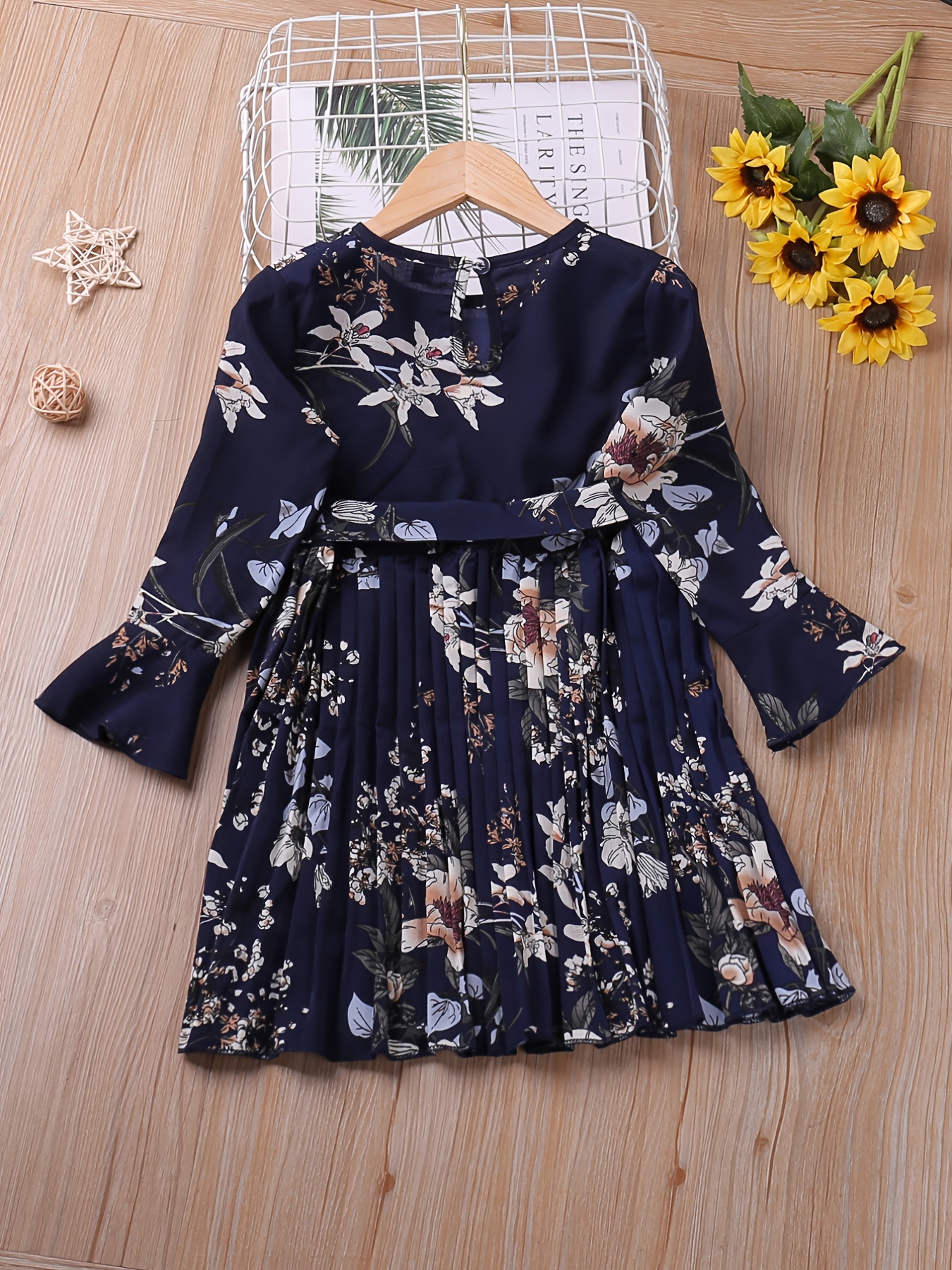 little girls boho floral flare long sleeve casual pleated dress for party going out kids spring fall clothes details 6