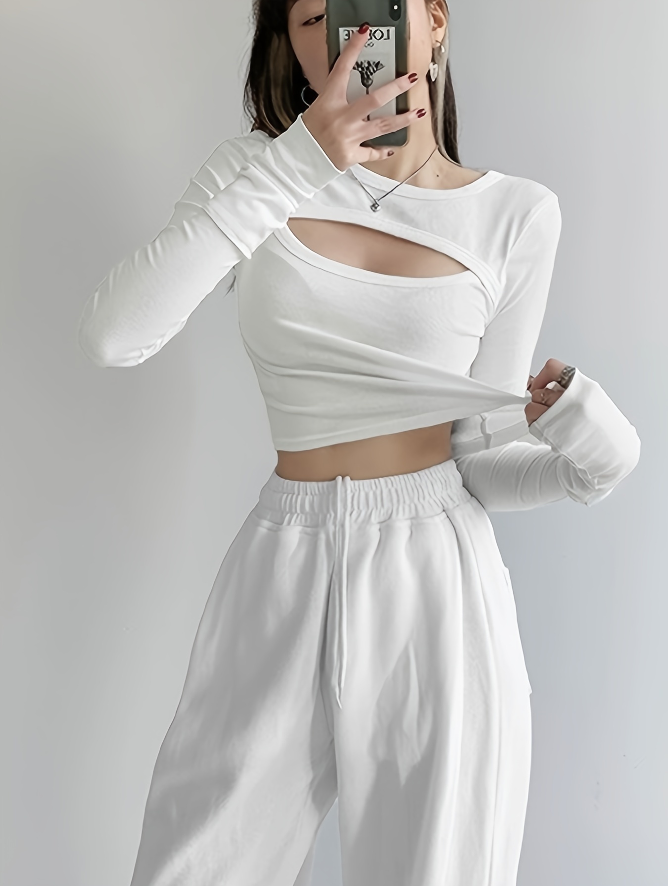 Scoop Neck Cropped T shirt Sexy Solid Long Sleeve Slim T - Temu