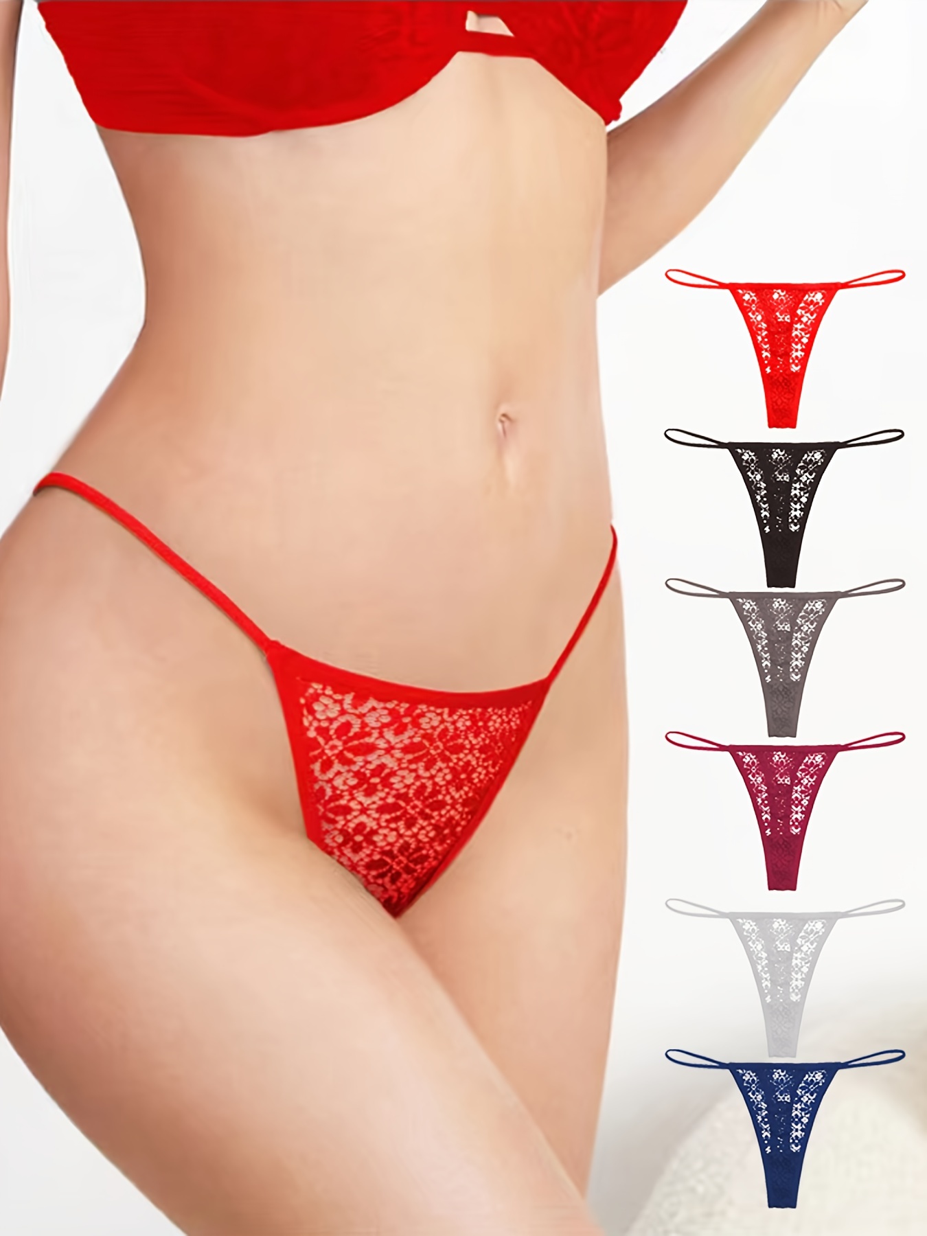 6pcs Floral Lace Hollow Thong Panties, Sexy & Breathable One Rope Low Waist  Panties, Women's Sexy Lingerie & Underwear